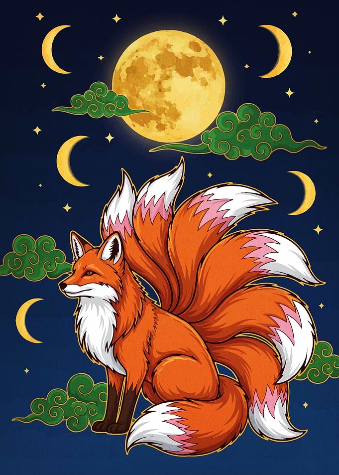 Nine-tailed fox illustration with moon