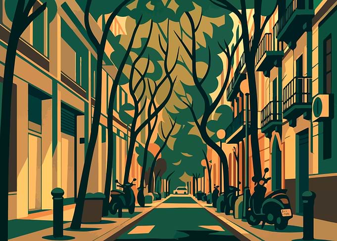 Spain - Barcelona Street Charm - trees and scooters