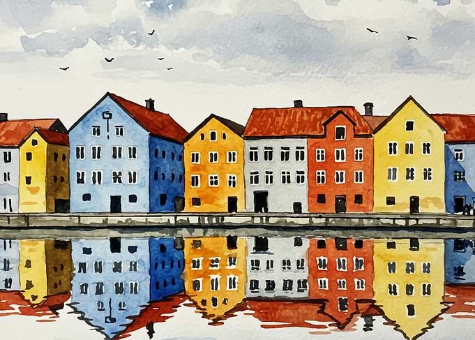 Colorful buildings reflected in water