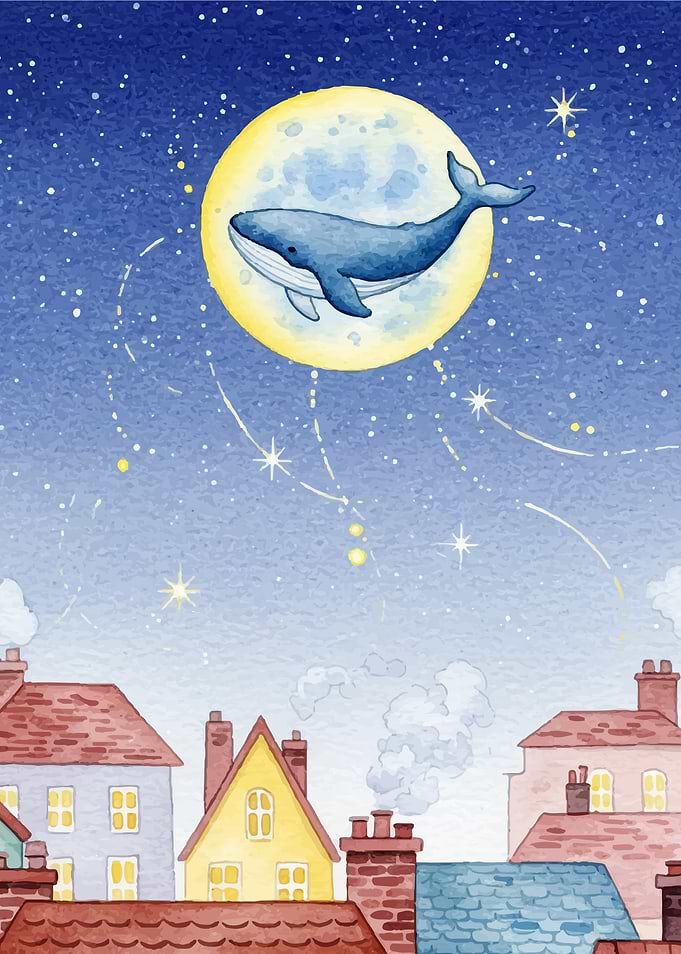Whale on the Moon Watercolor