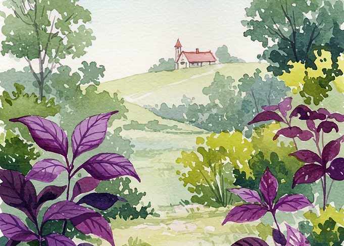 Watercolor Landscape with Church on Hill