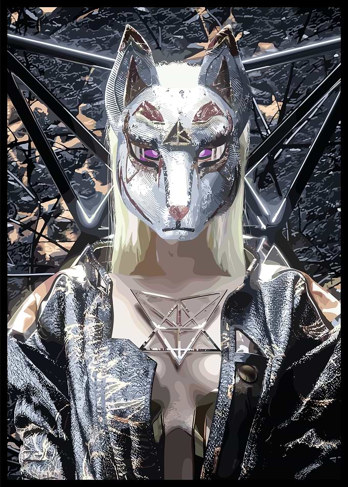 Fox Masked Figure with Geometric Background