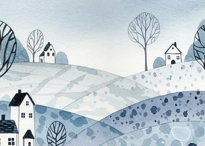 Watercolor Landscape with Houses and Trees