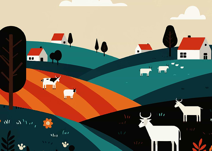 Stylized Rural Landscape with Animals