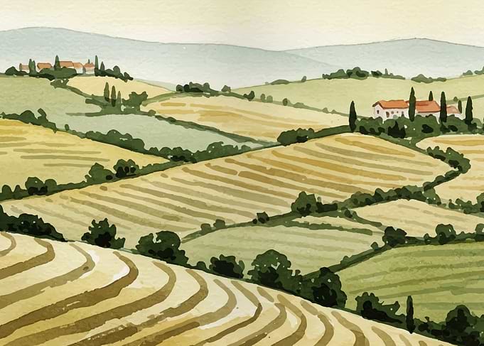 Watercolor Tuscan Landscape with Farmhouses