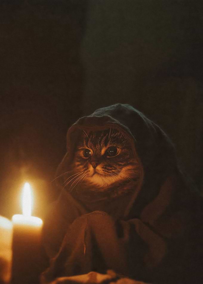 Mystical Cat in Hood with Candles