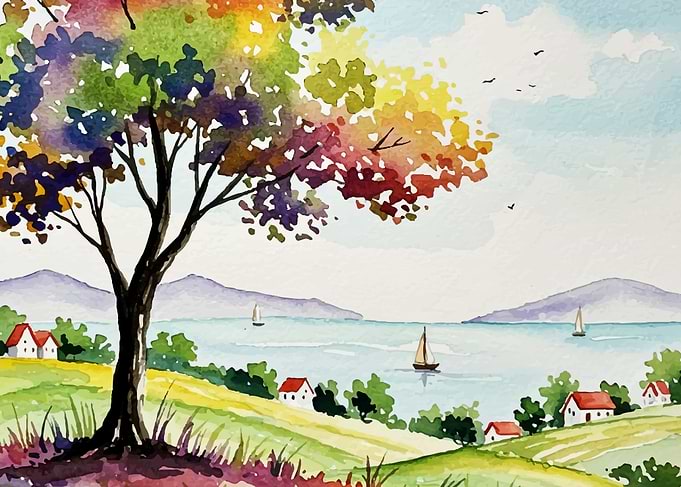 Watercolor Landscape with Tree and Sailboats