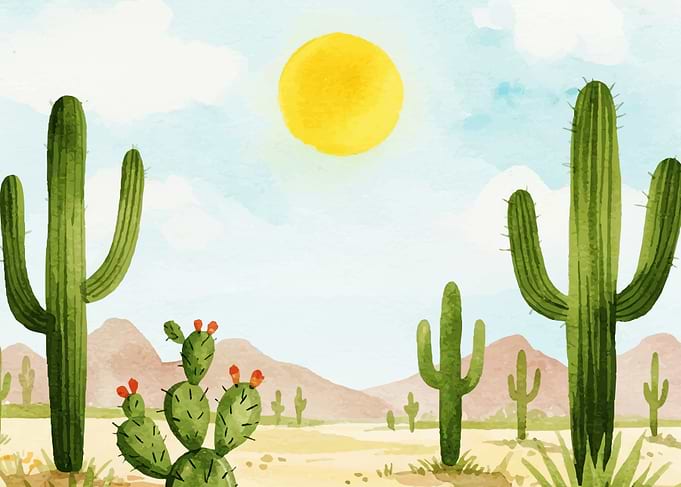 Watercolor Desert Landscape with Cacti
