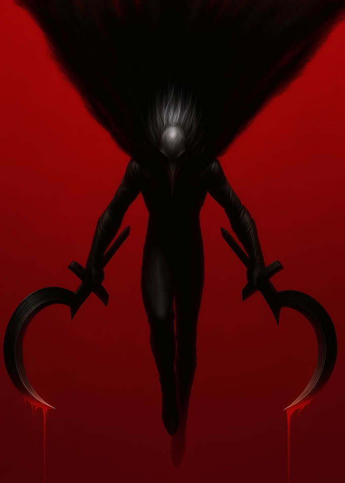 Dark Figure with Scythes on Red