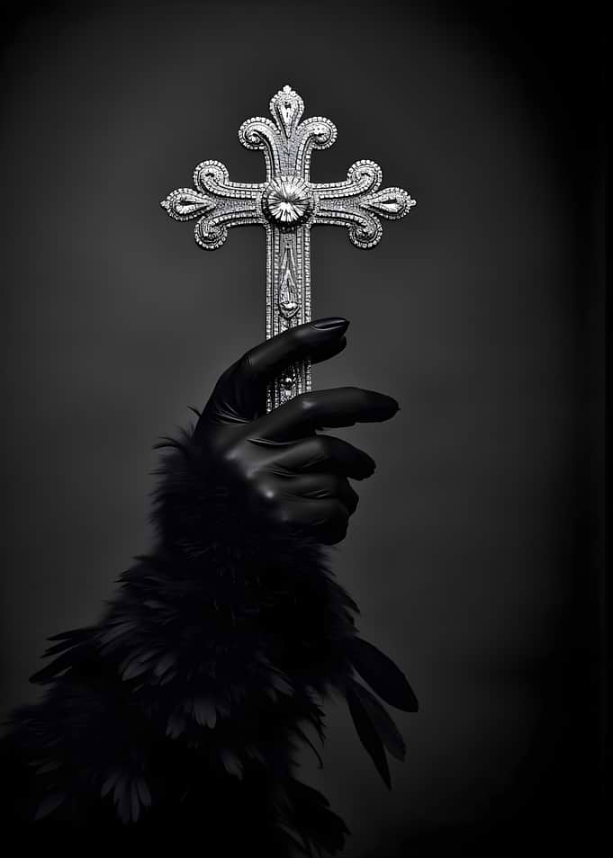 Gothic Cross Held by Gloved Hand