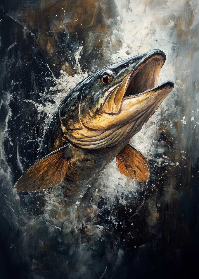 Pike Fish Leaping Painting | Freshwater fish poster