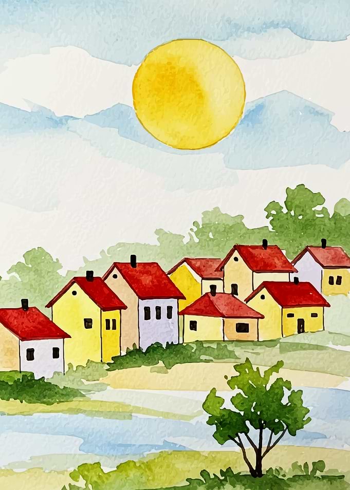 Watercolor Village Under the Sun