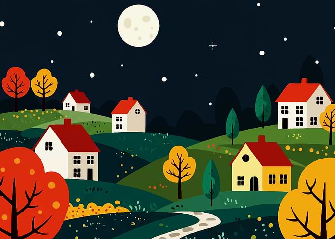 Night Village Landscape Illustration