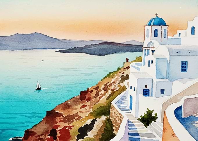 Santorini Watercolor Painting