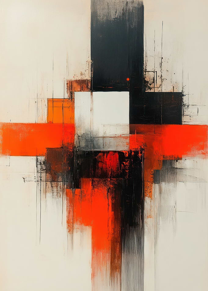 Abstract Geometric Painting: Orange, Black, White
