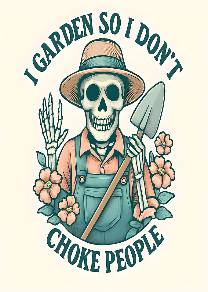 Gardening Skeleton with Flowers and Shovel