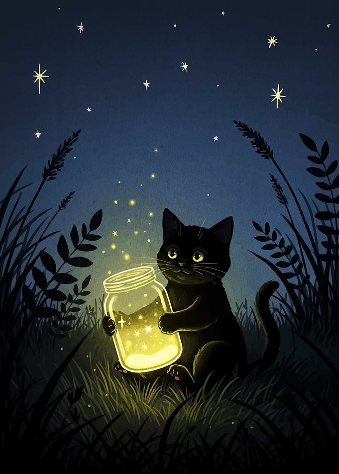 Black Cat with Jar of Stars
