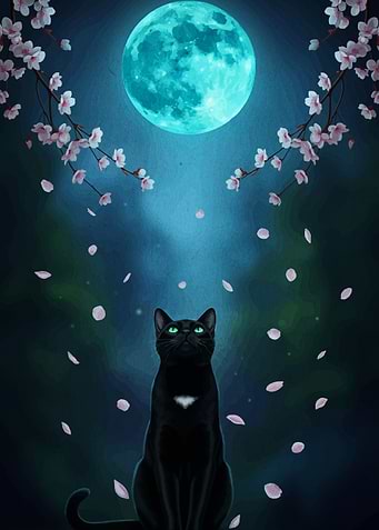 Black Cat Under Moonlight with Blossoms