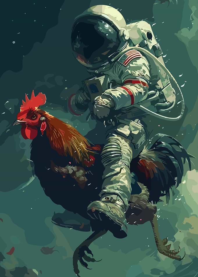 Astronaut riding a rooster in space