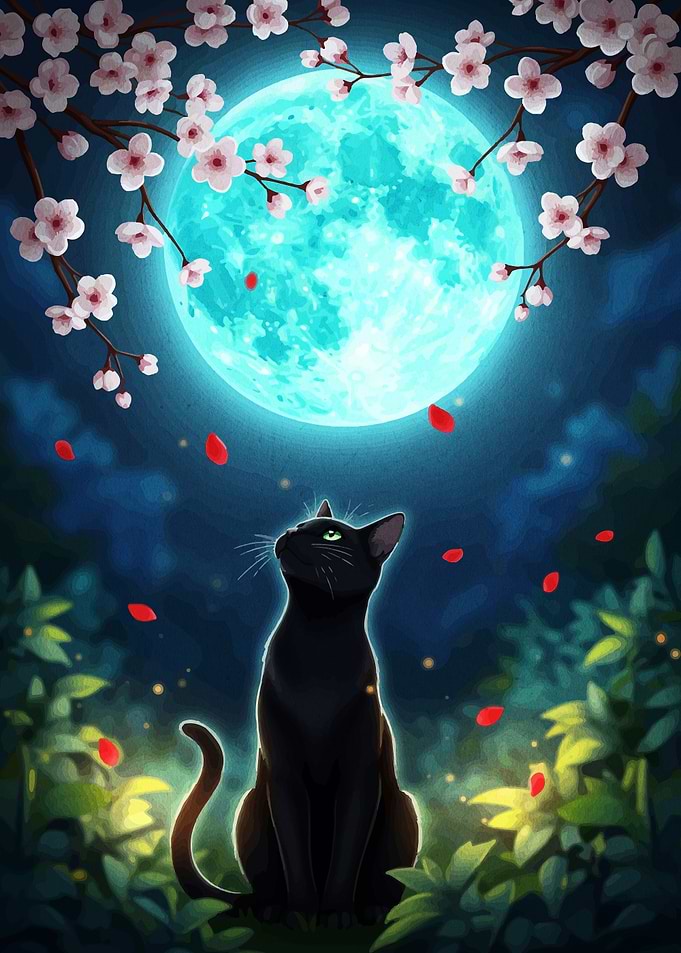 Black Cat Gazing at the Moon