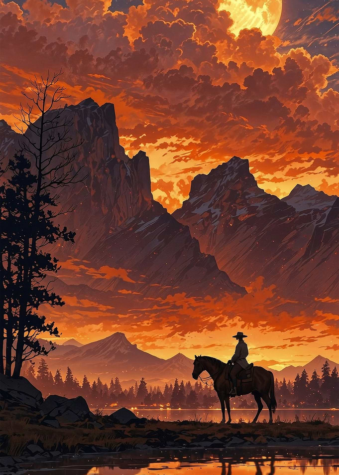 Cowboy on Horseback at Sunset