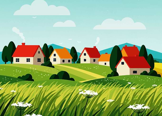 Cartoon Landscape with Houses and Fields