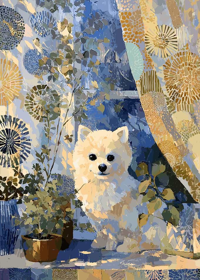 Pomeranian Dog by Window Painting