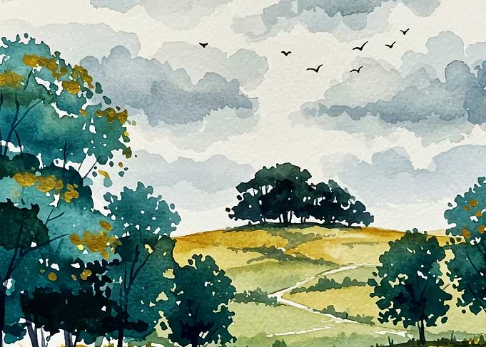 Watercolor Landscape with Trees and Birds
