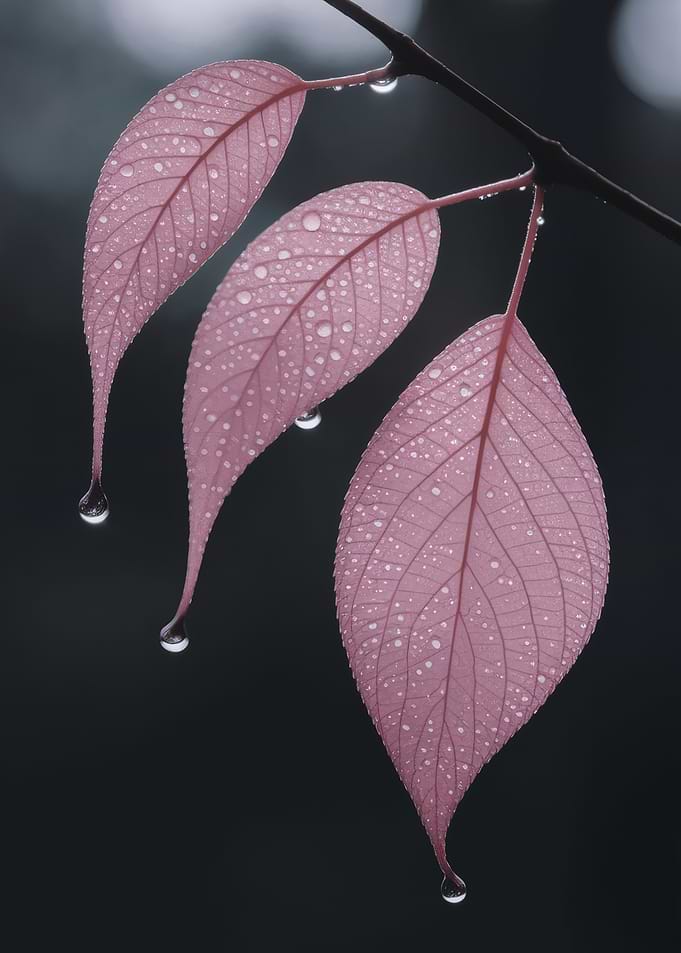 Rainlit Grace – Pink Leaves with Water Droplets