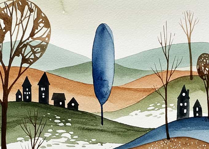Watercolor Landscape with Houses and Trees