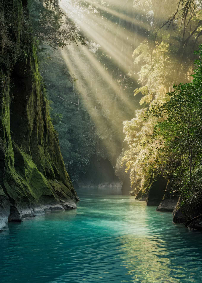 Sunlit River Through Forest Canyon
