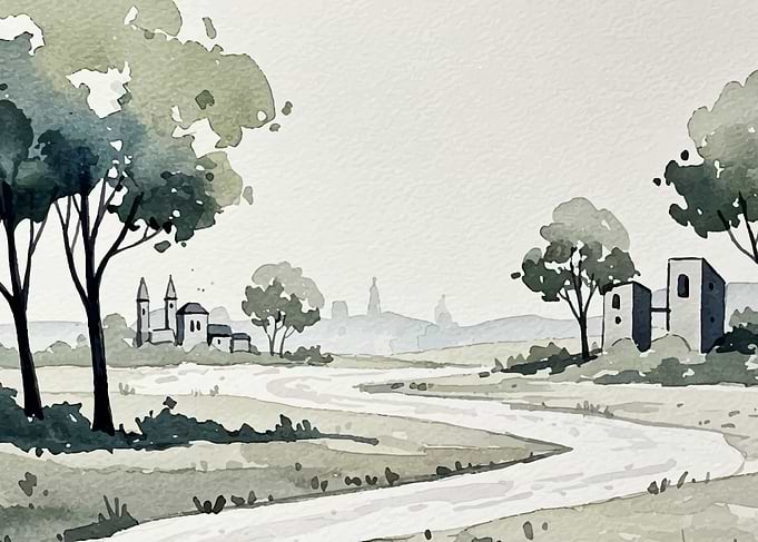 Watercolor Landscape with Buildings and Trees