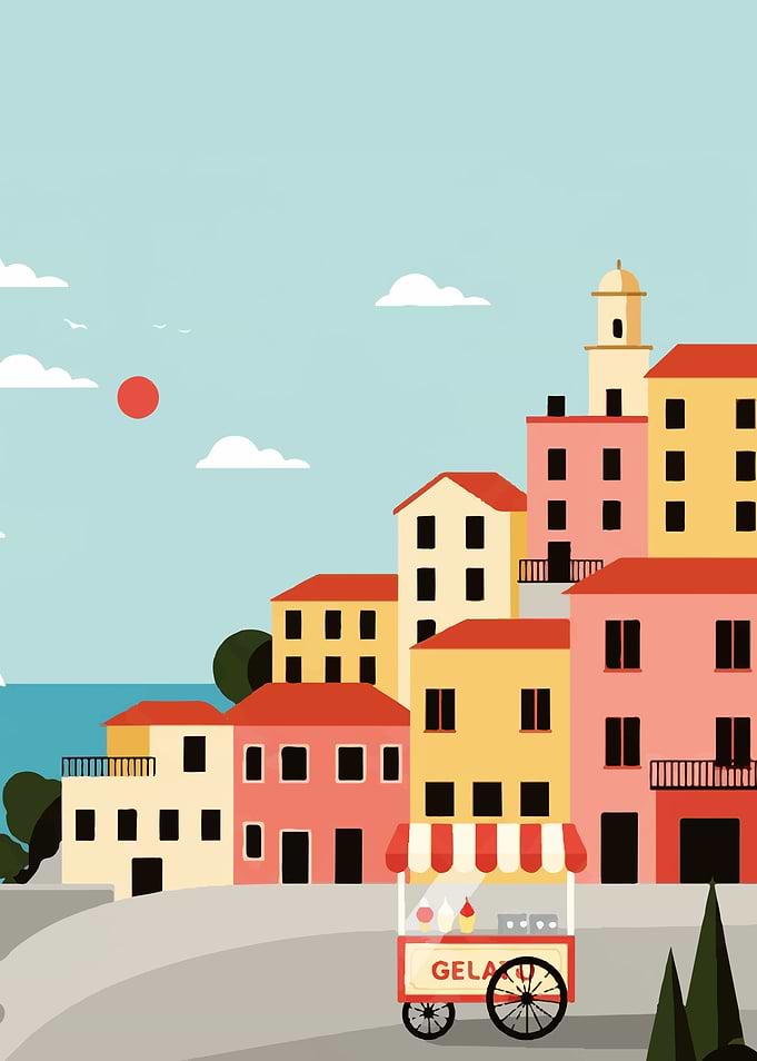 Coastal Town with Gelato Cart