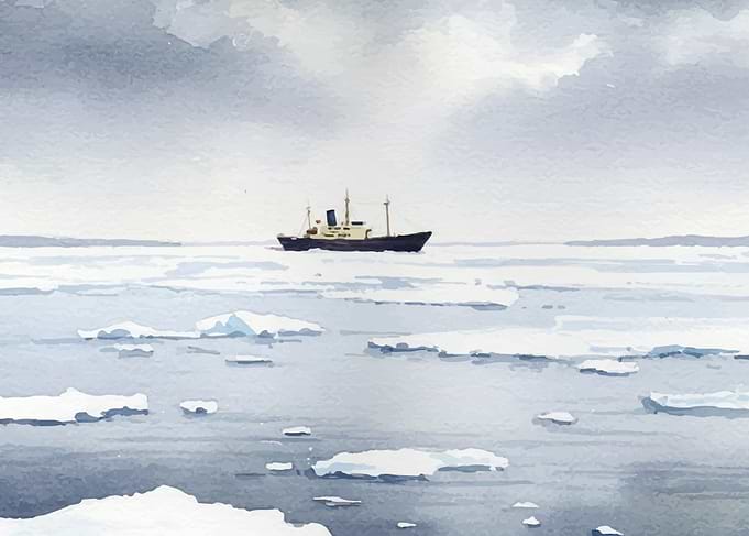 Ship in Arctic Watercolor Painting