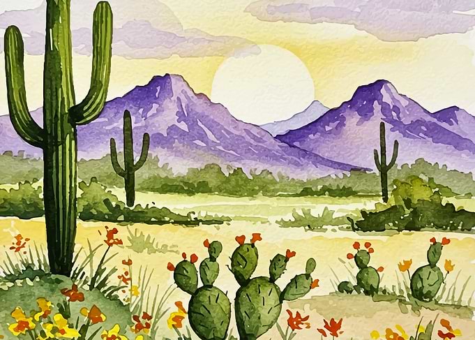 Watercolor Desert Landscape with Cacti