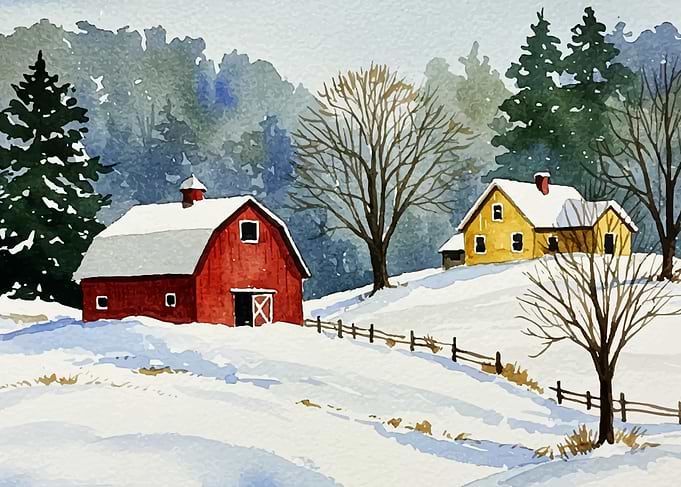 Winter Farmhouse Watercolor Painting