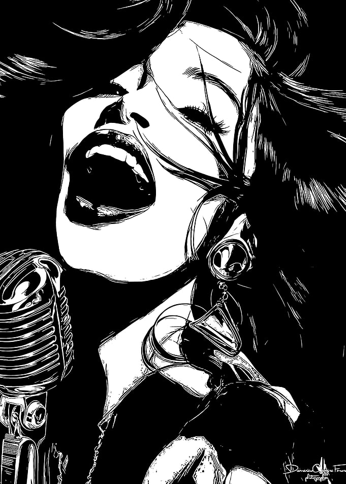 Singing Woman Black and White Illustration