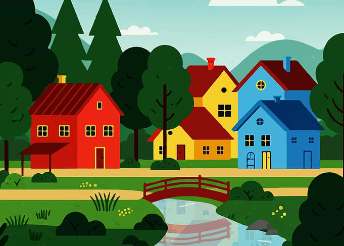 Colorful Houses by River Illustration