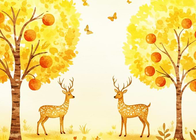 Watercolor Deer in Autumn Orchard