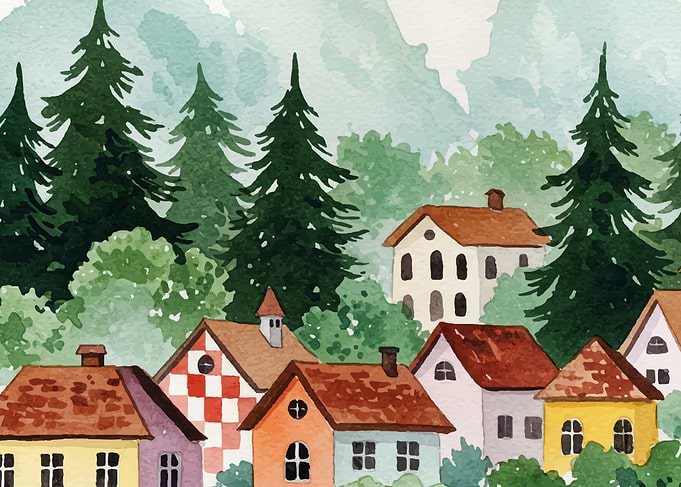 Watercolor Village Scene with Trees