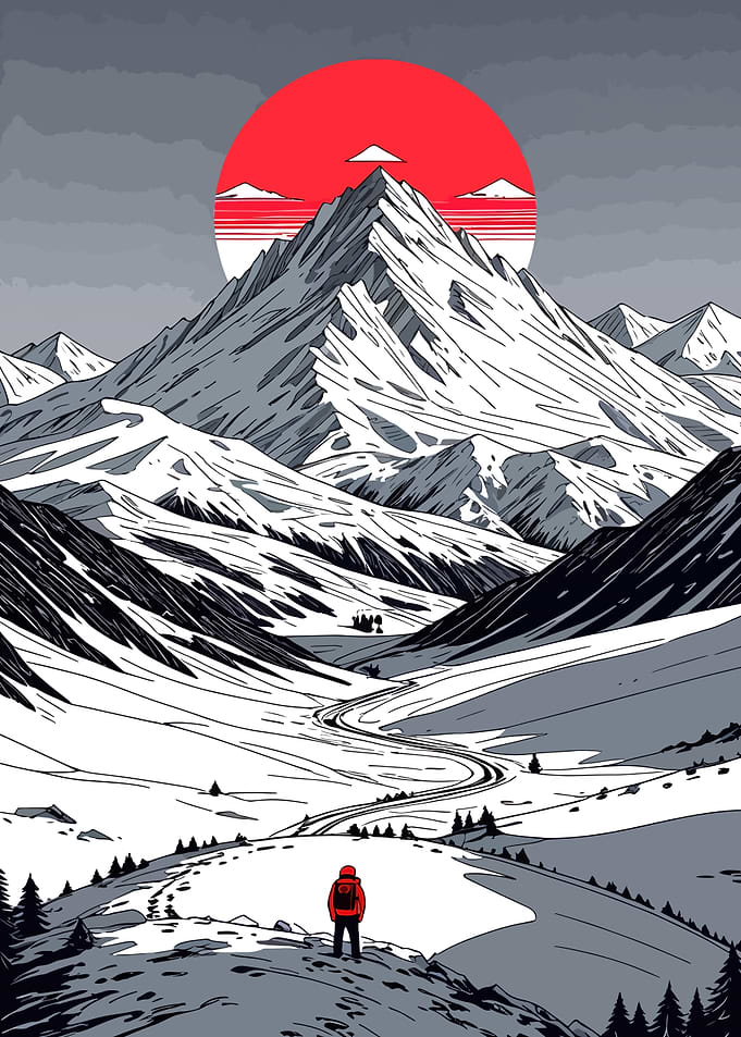 Mountain Hiker with Red Sun