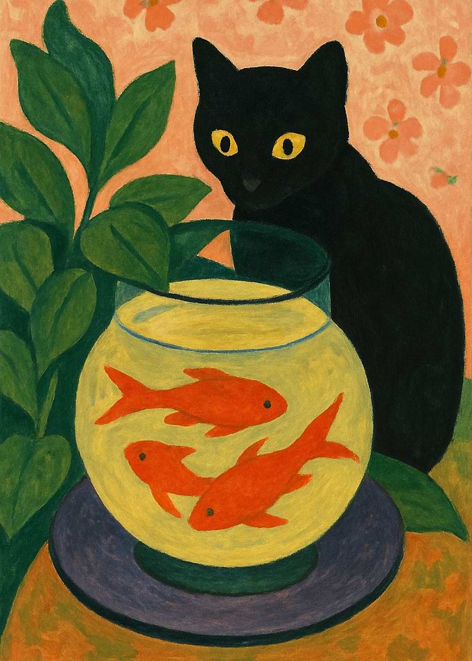 Black Cat and Goldfish Bowl | Naive Folk Art Animal Painting