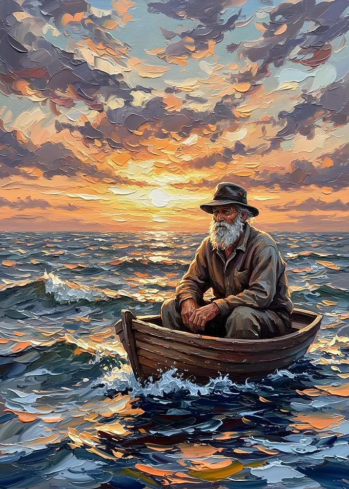 Old Man in Boat at Sunset