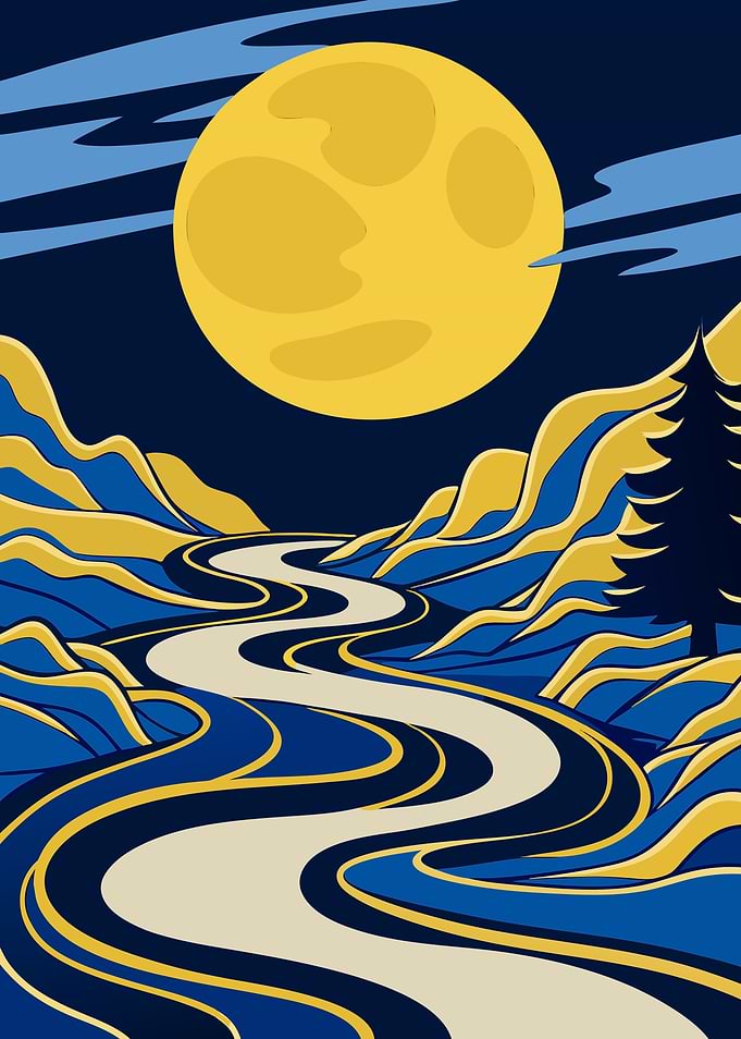 Stylized Moonlit Landscape with River Metal Wall Print Art