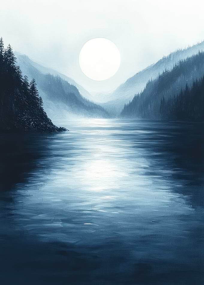 Monochromatic Mountain Lake Landscape Painting