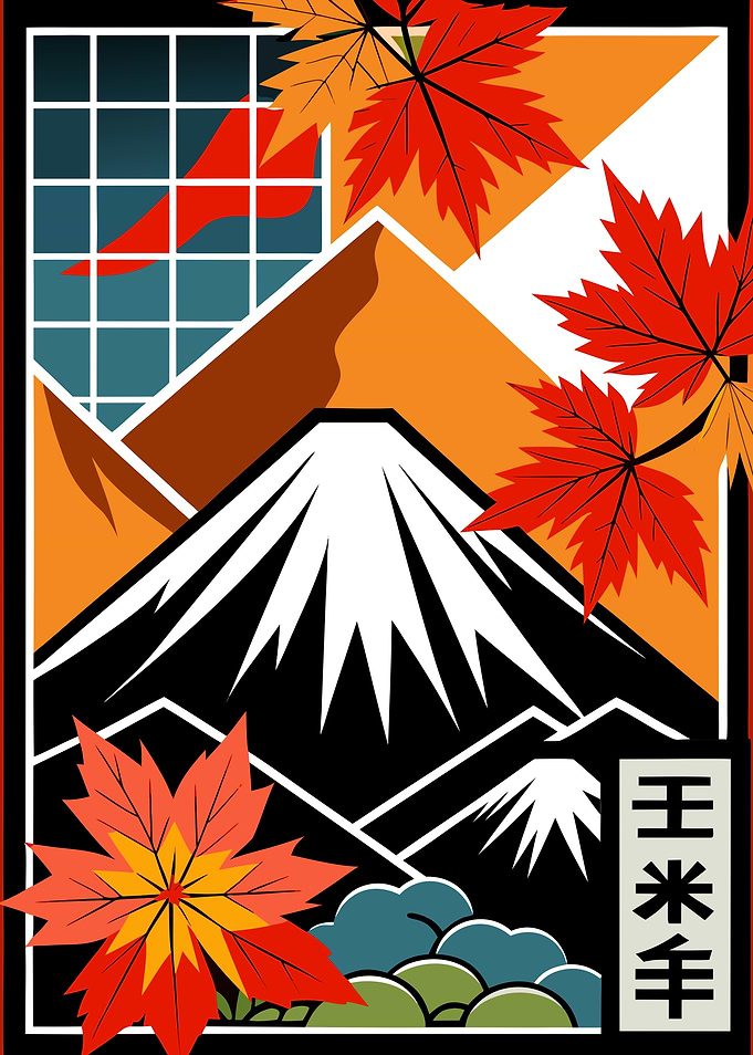 Mount Fuji Autumn Leaves Illustration Metal Wall Print Art