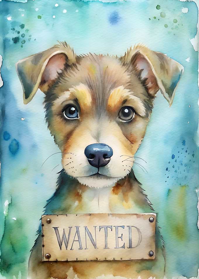 Watercolor Puppy 'Wanted' Portrait