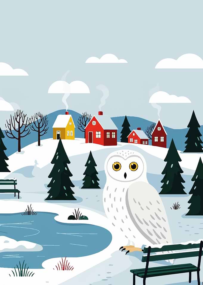 Winter Village with Snowy Owl