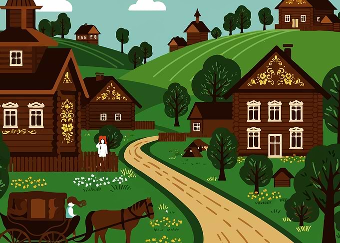Russian Village Landscape with Horse Carriage