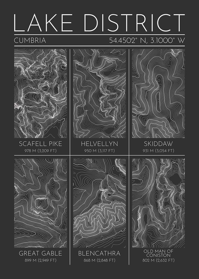 Lake District Mountains Topographic Contour Map